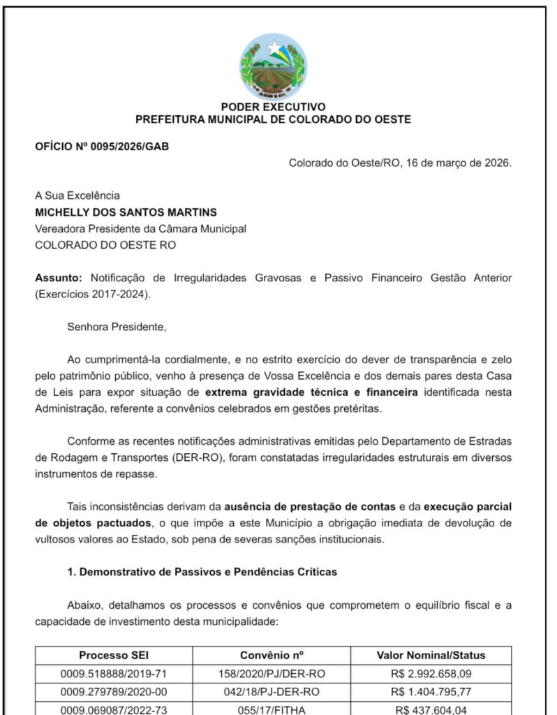 Rombo superior a R$ 10 milhões e suspeitas sobre patrimônio público agravam cenário em Colorado do Oeste
