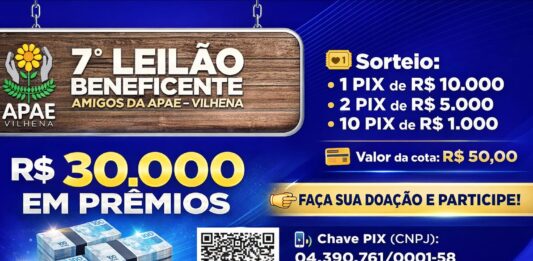 7º Leilão Beneficente da APAE Vilhena vai sortear R$ 30 mil em prêmios e reforça campanha solidária