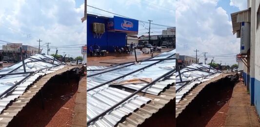 Estrutura metálica é arrastada com vento forte durante chuva em Cujubim, RO